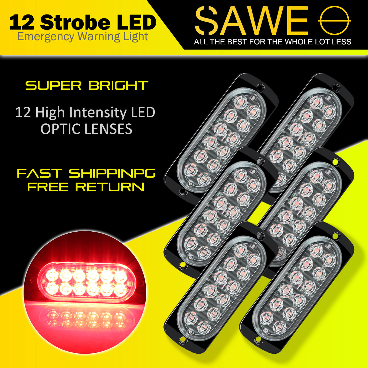 Emergency LED Strobe Lights Bar for Offroad Car Truck Warning Hazard Flash Grille and Surface Mount Light - Red 12-LED SAWE Lighting