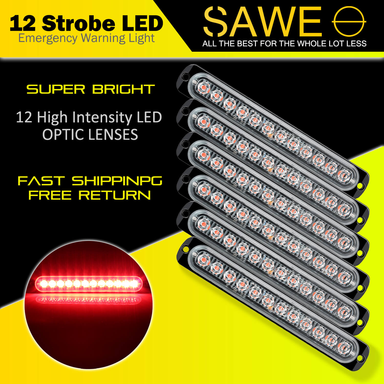 Emergency LED Strobe Lights Bar for Offroad Car Truck Warning Hazard Flash Grille and Surface Mount Light - Red 12-LED SAWE Lighting