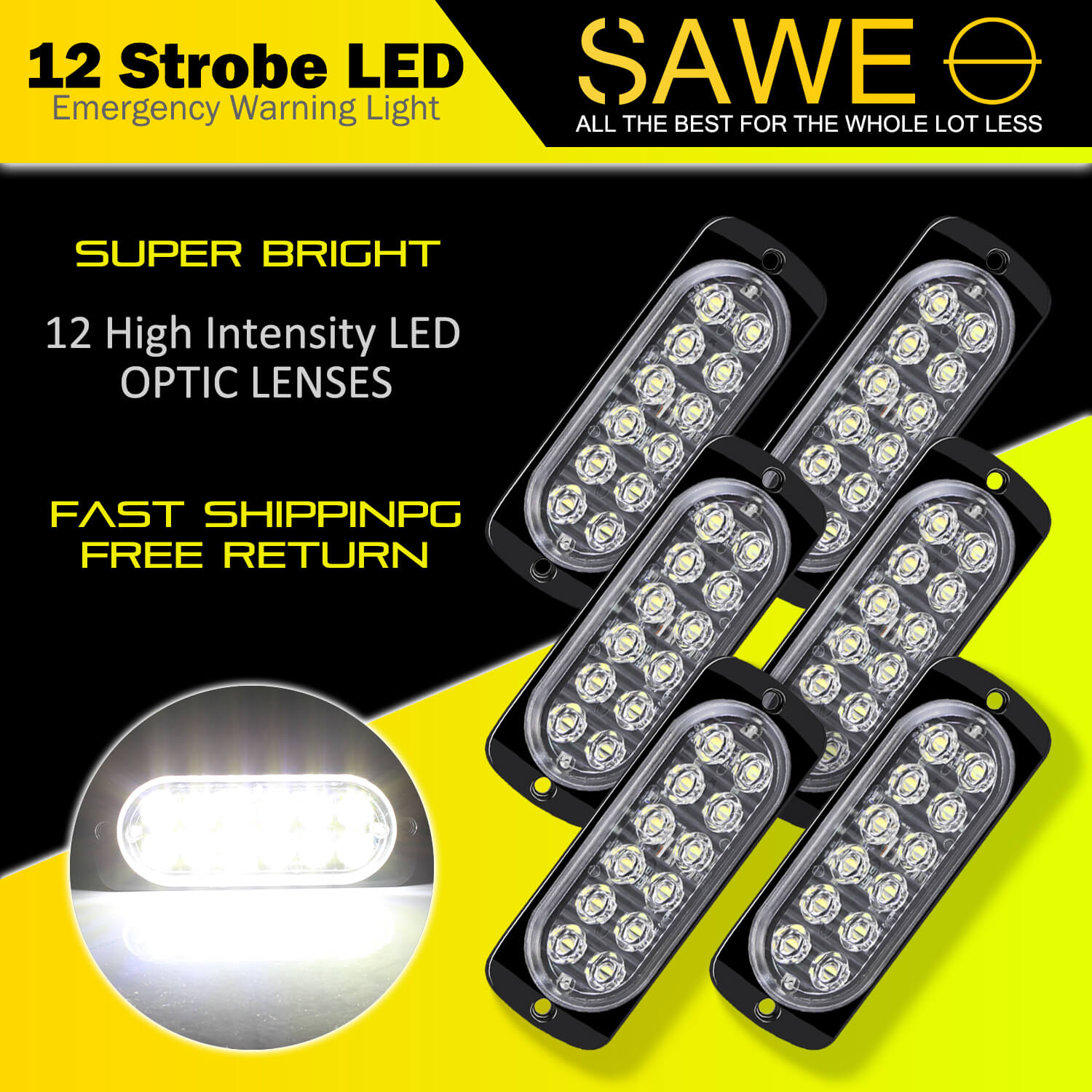 Emergency LED Strobe Lights Bar for Offroad Car Truck Warning Hazard Flash Grille and Surface Mount Light - White 12-LED SAWE Lighting