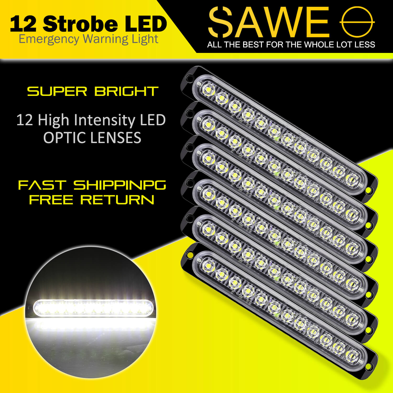 Emergency LED Strobe Lights Bar for Offroad Car Truck Warning Hazard Flash Grille and Surface Mount Light - White 12-LED SAWE Lighting