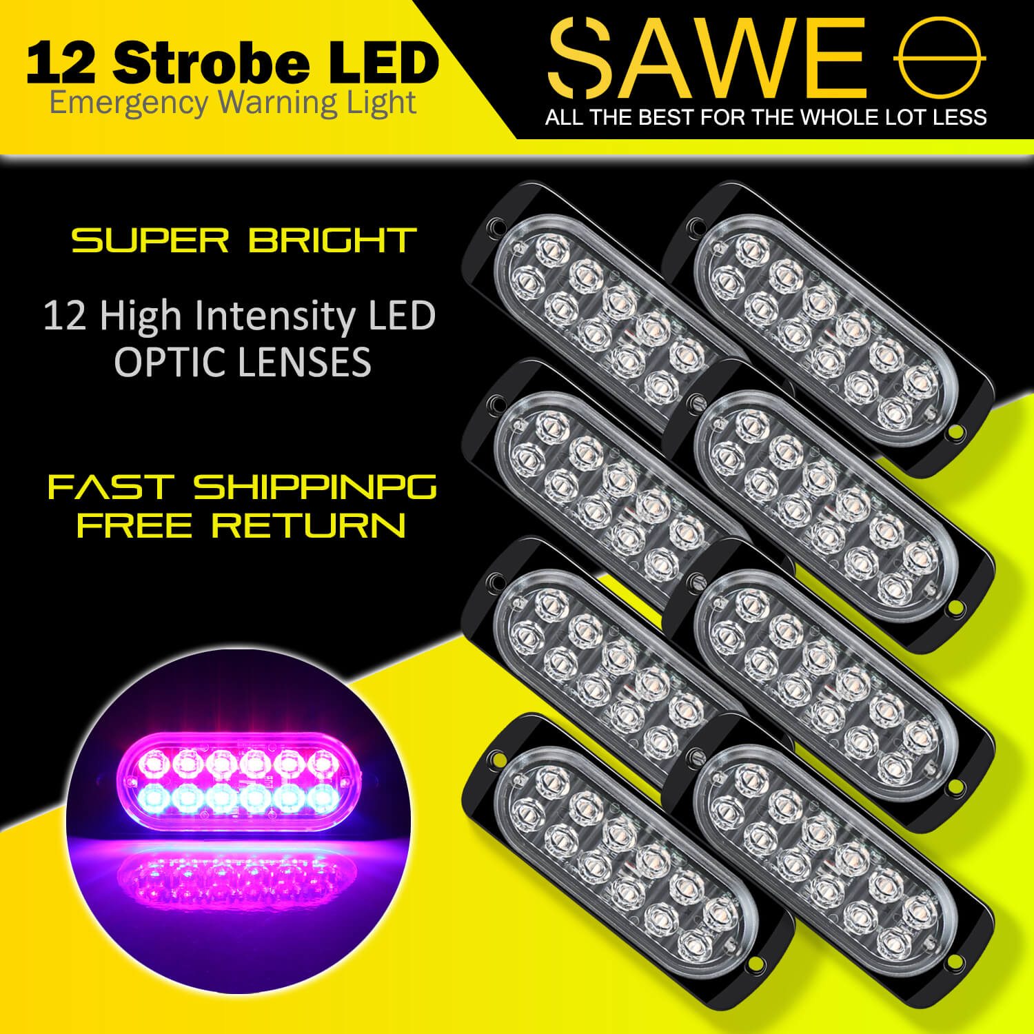 Emergency LED Strobe Lights Bar for Offroad Car Truck Warning Hazard Flash Grille and Surface Mount Light - Red / Blue 12-LED SAWE Lighting