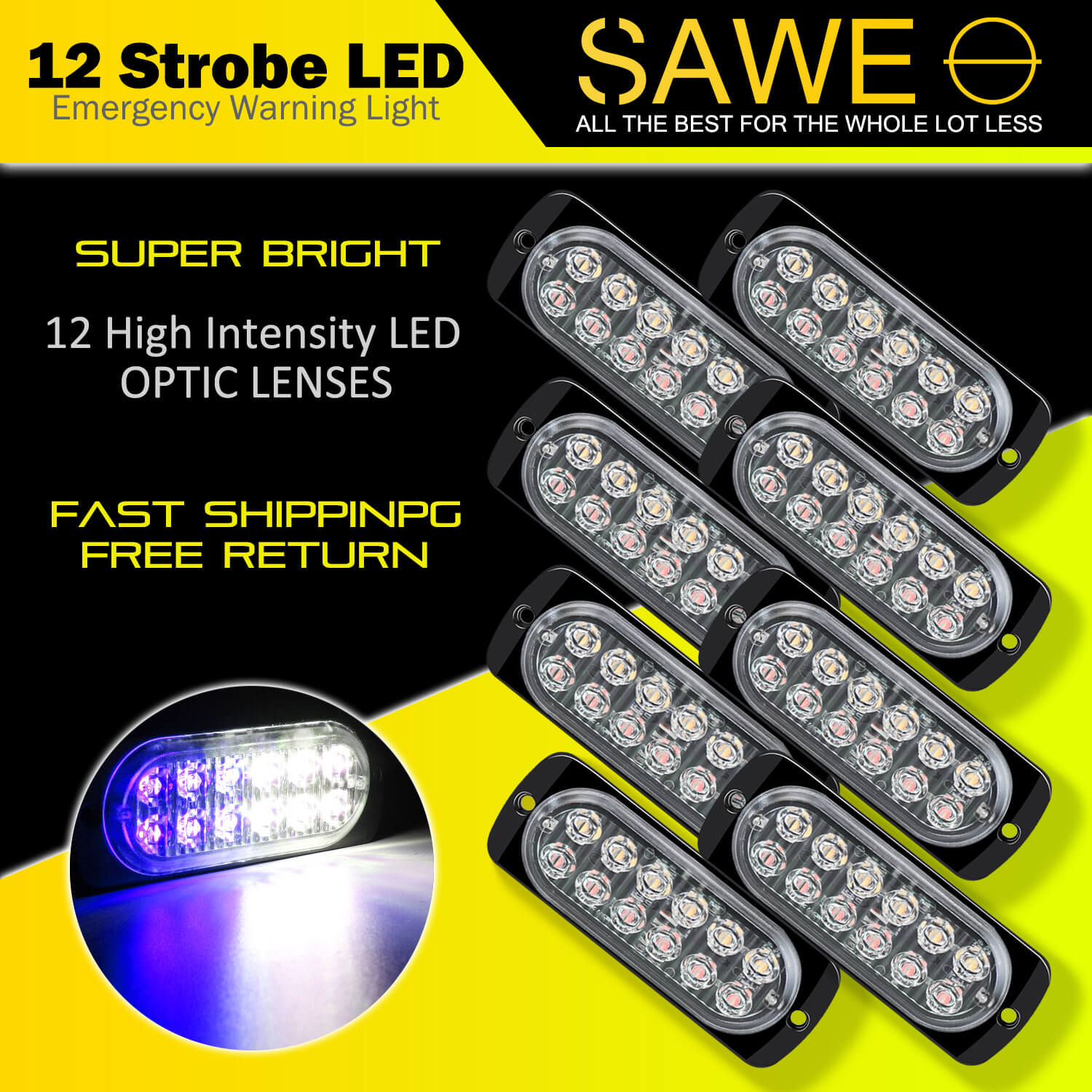 Emergency LED Strobe Lights Bar for Offroad Car Truck Warning Hazard Flash Grille and Surface Mount Light - Blue / White 12-LED SAWE Lighting