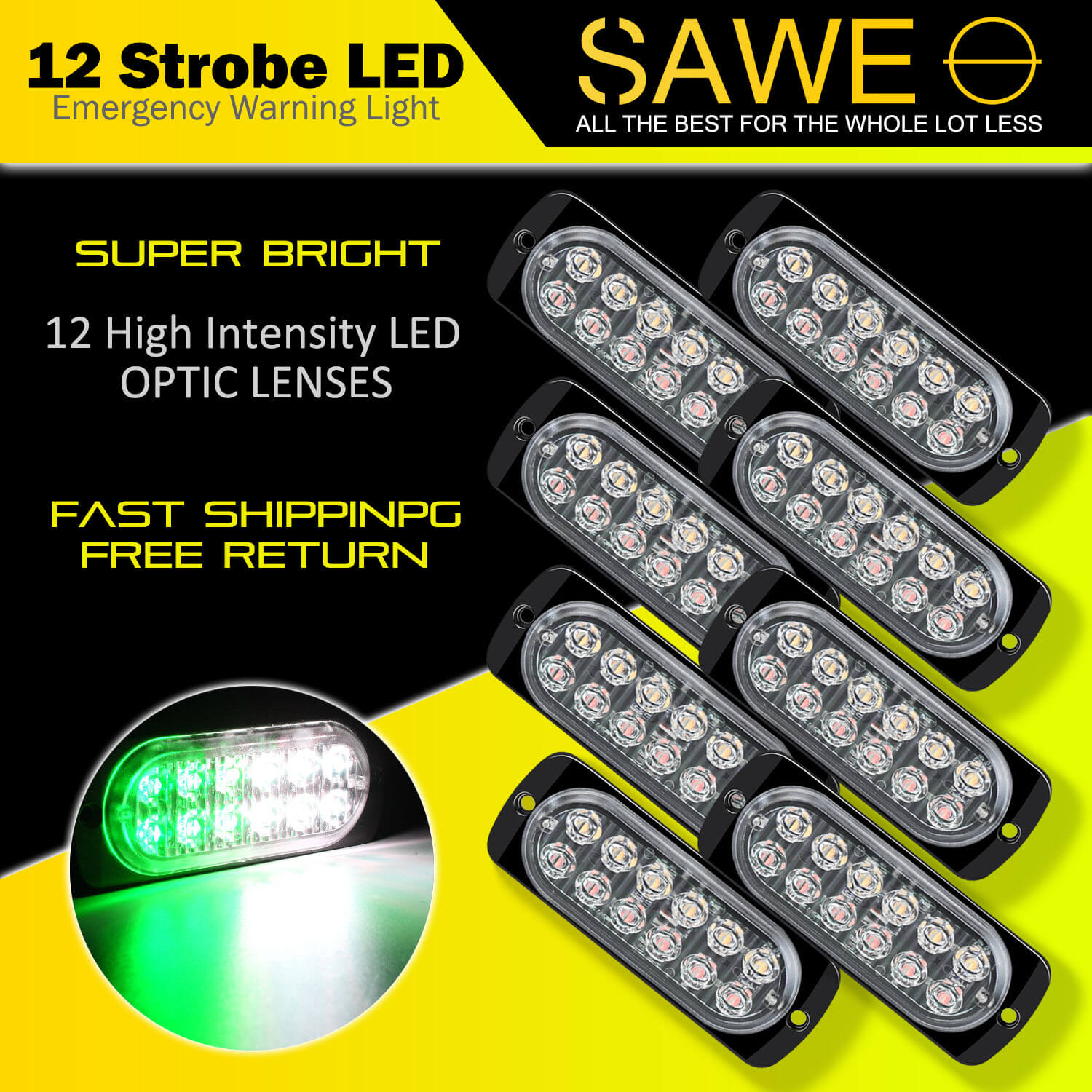 Emergency LED Strobe Lights Bar for Offroad Car Truck Warning Hazard Flash Grille and Surface Mount Light - Green / White 12-LED SAWE Lighting
