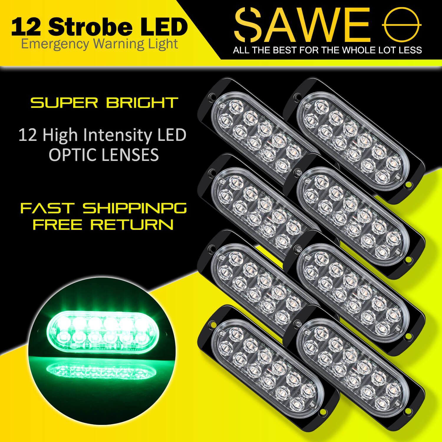 Emergency LED Strobe Lights Bar for Offroad Car Truck Warning Hazard Flash Grille and Surface Mount Light - Green 12-LED SAWE Lighting