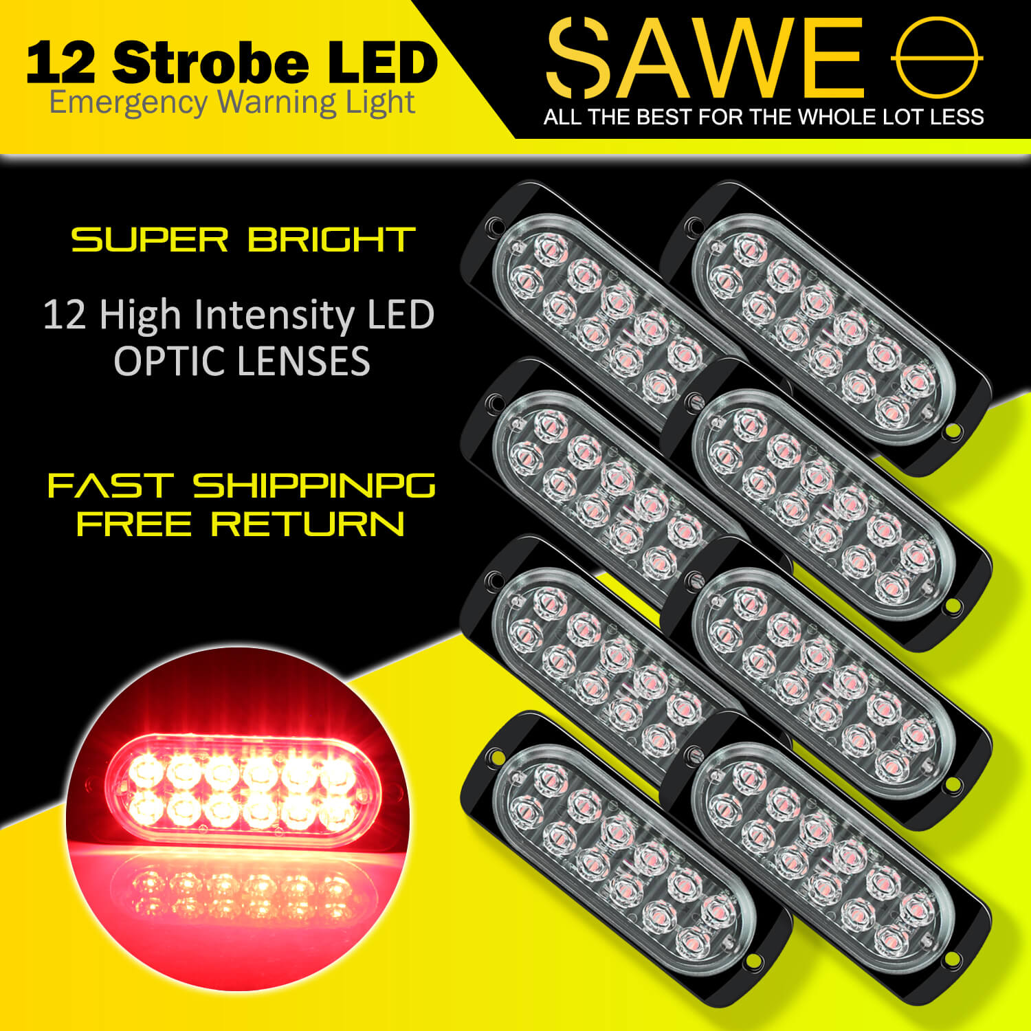 Emergency LED Strobe Lights Bar for Offroad Car Truck Warning Hazard Flash Grille and Surface Mount Light - Red 12-LED SAWE Lighting