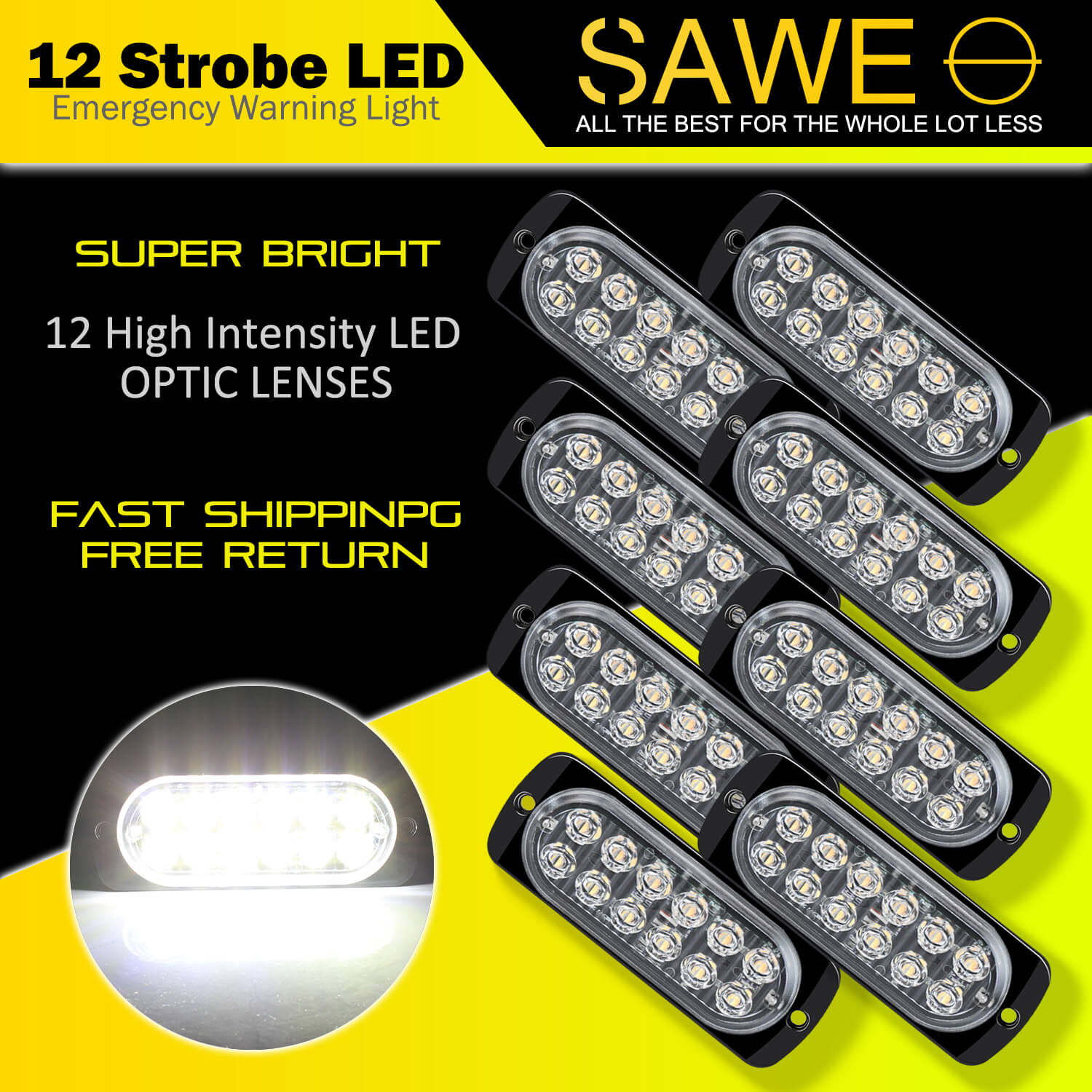 Emergency LED Strobe Lights Bar for Offroad Car Truck Warning Hazard Flash Grille and Surface Mount Light - White 12-LED SAWE Lighting