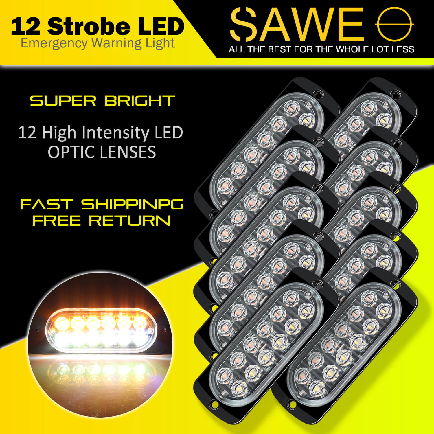 Emergency LED Strobe Lights Bar for Offroad Car Truck Warning Hazard Flash Grille and Surface Mount Light - Amber / White 12-LED SAWE Lighting