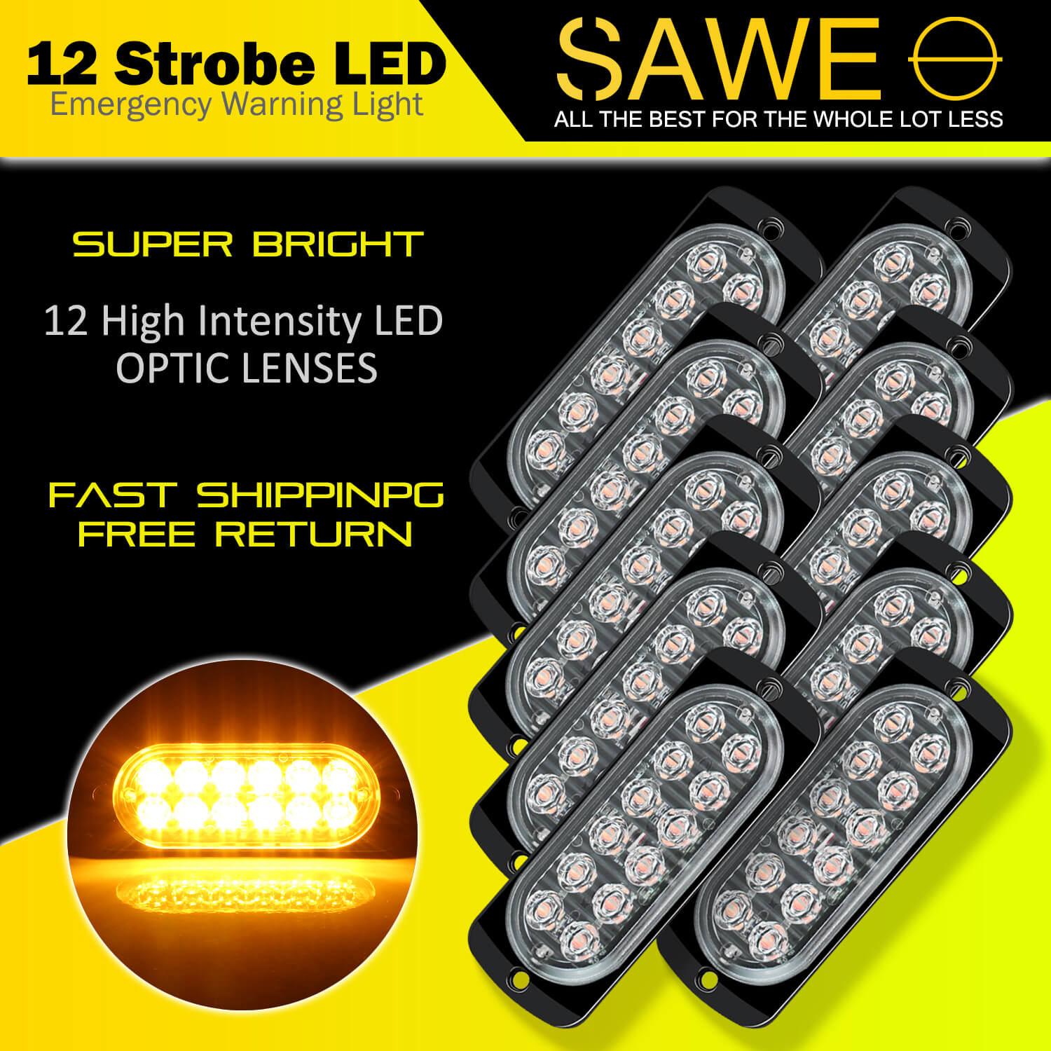 Emergency LED Strobe Lights Bar for Offroad Car Truck Warning Hazard Flash Grille and Surface Mount Light - Amber 12-LED SAWE Lighting