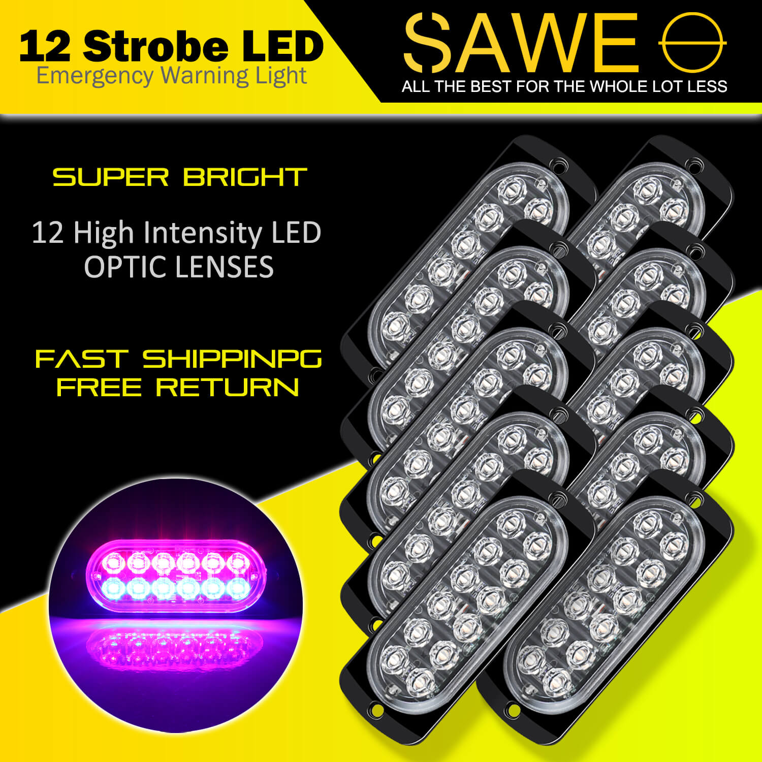 Emergency LED Strobe Lights Bar for Offroad Car Truck Warning Hazard Flash Grille and Surface Mount Light - Red / Blue 12-LED SAWE Lighting