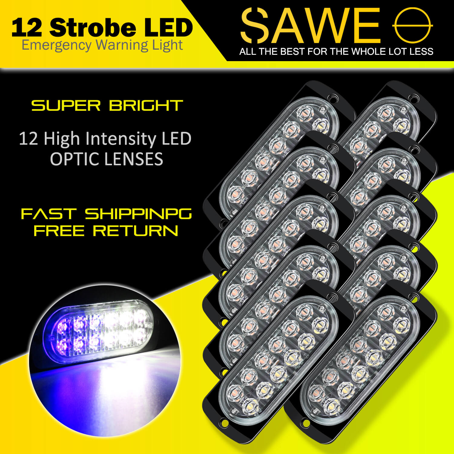 Emergency LED Strobe Lights Bar for Offroad Car Truck Warning Hazard Flash Grille and Surface Mount Light - Blue / White 12-LED SAWE Lighting