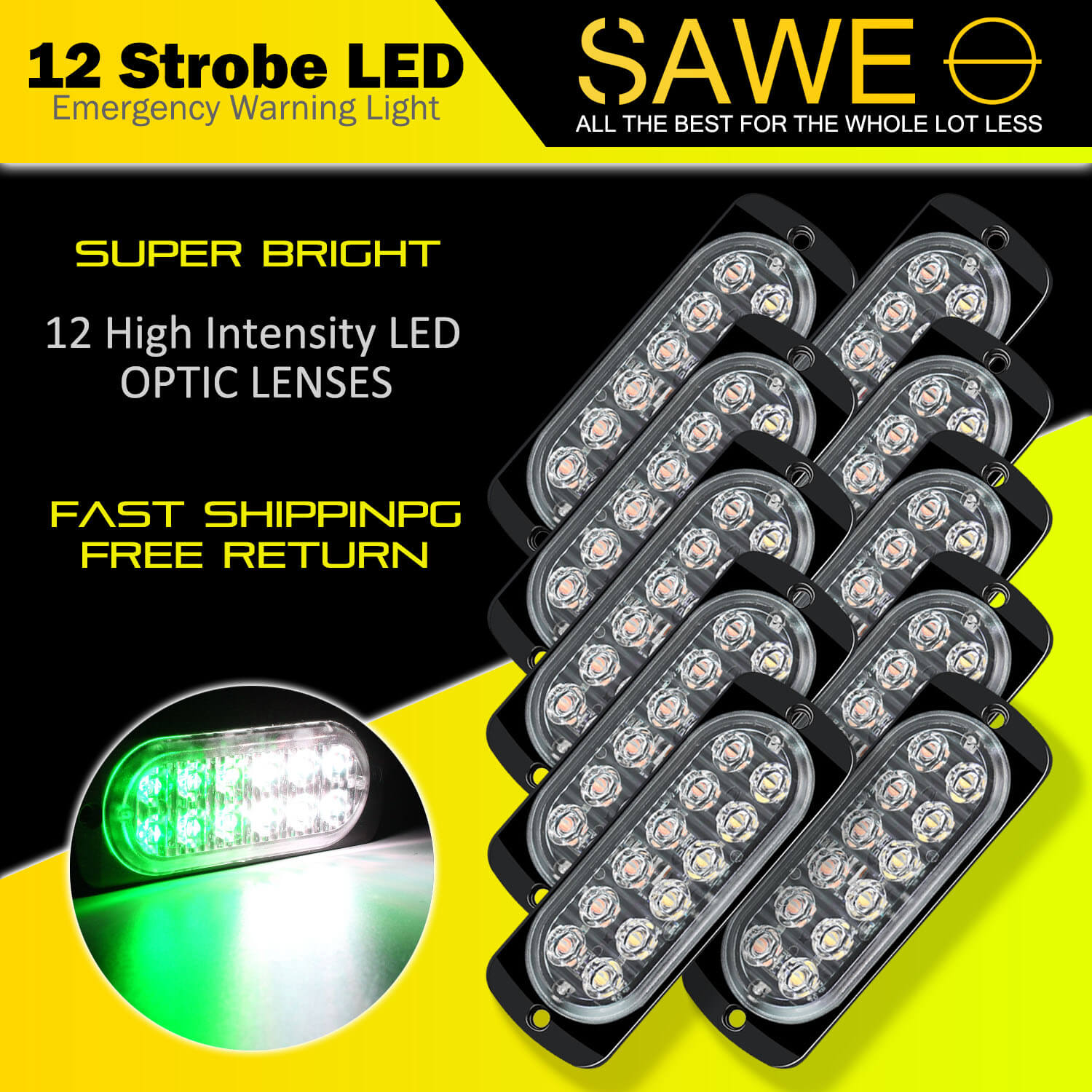 Emergency LED Strobe Lights Bar for Offroad Car Truck Warning Hazard Flash Grille and Surface Mount Light - Green / White 12-LED SAWE Lighting