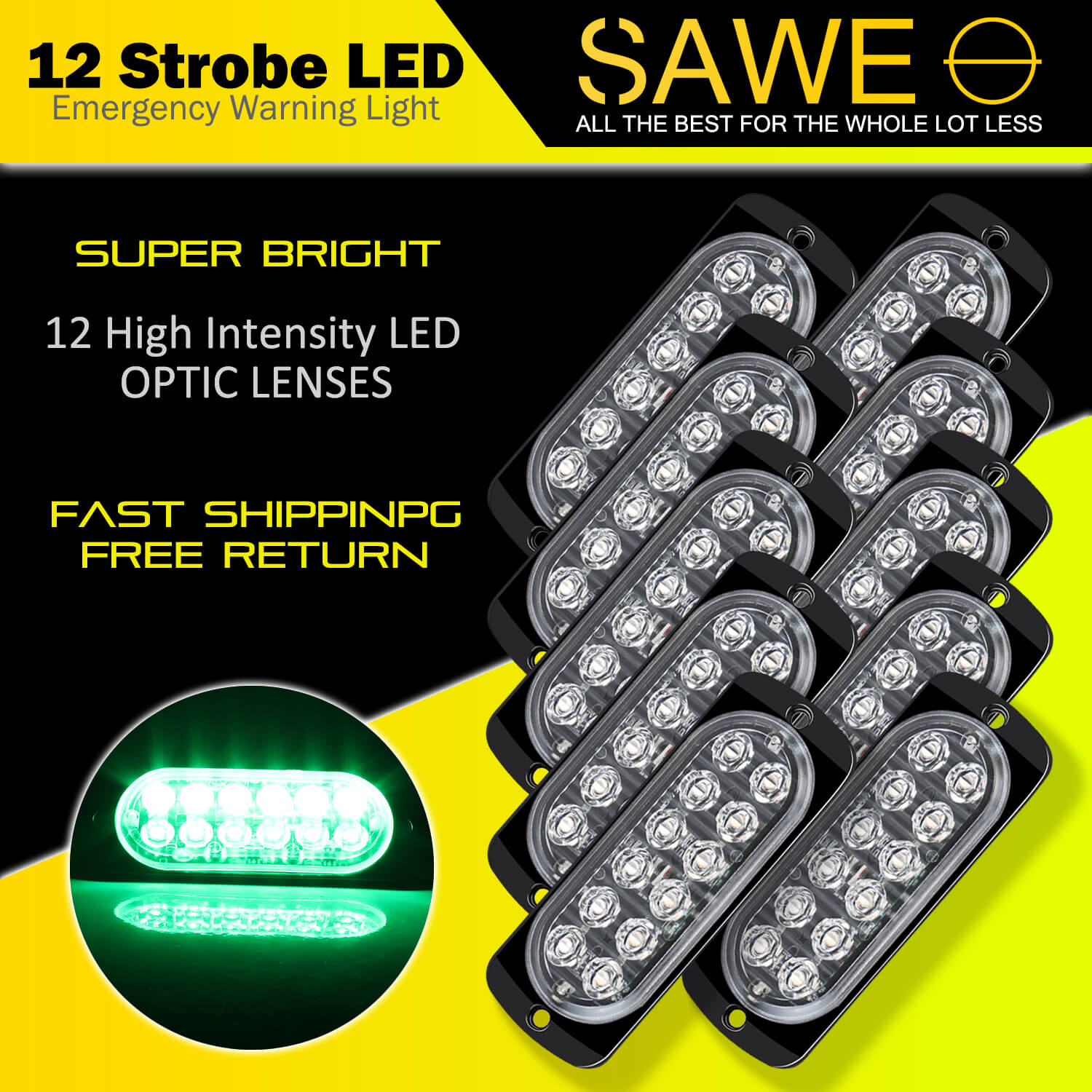 Emergency LED Strobe Lights Bar for Offroad Car Truck Warning Hazard Flash Grille and Surface Mount Light - Green 12-LED SAWE Lighting