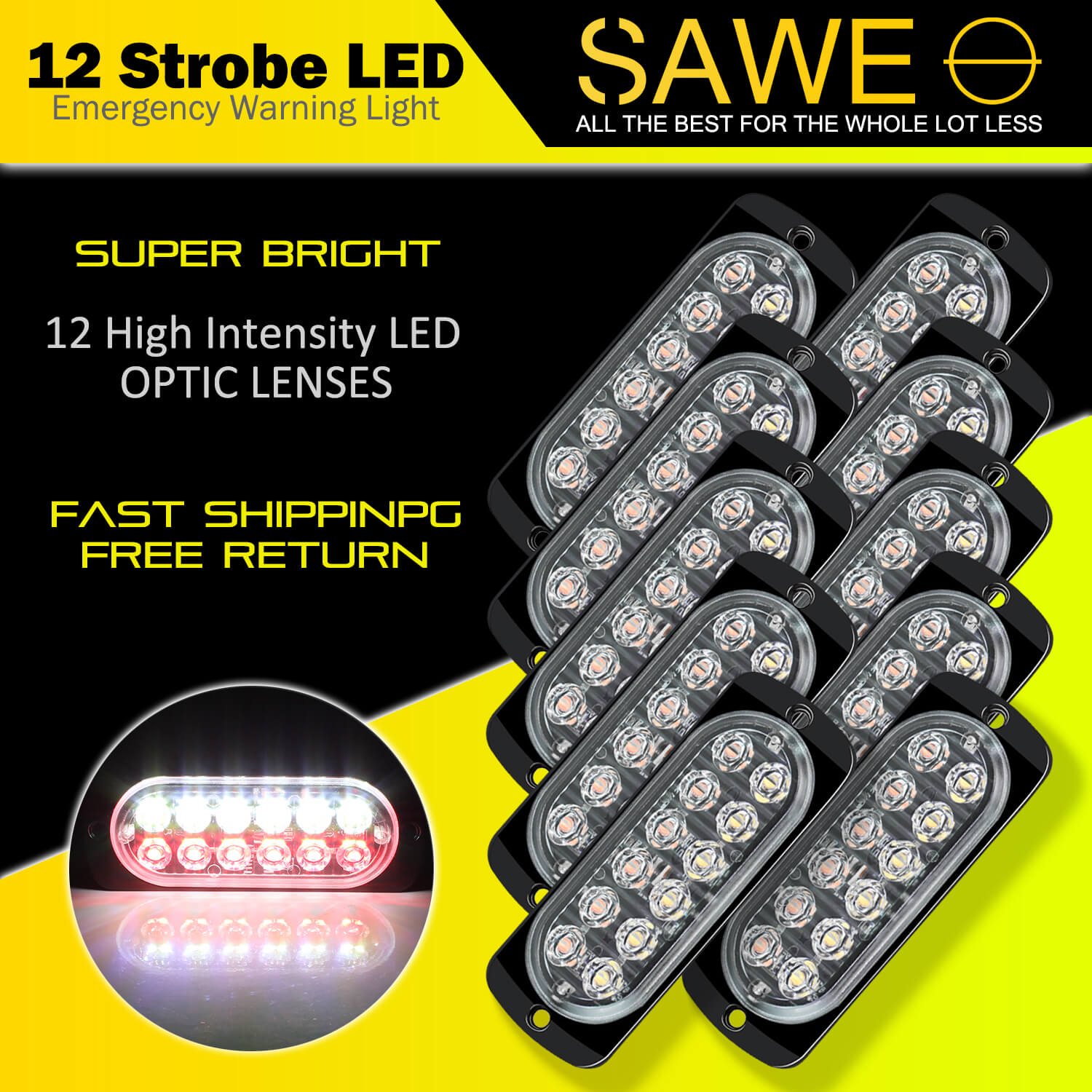 Emergency LED Strobe Lights Bar for Offroad Car Truck Warning Hazard Flash Grille and Surface Mount Light - Red / White 12-LED SAWE Lighting