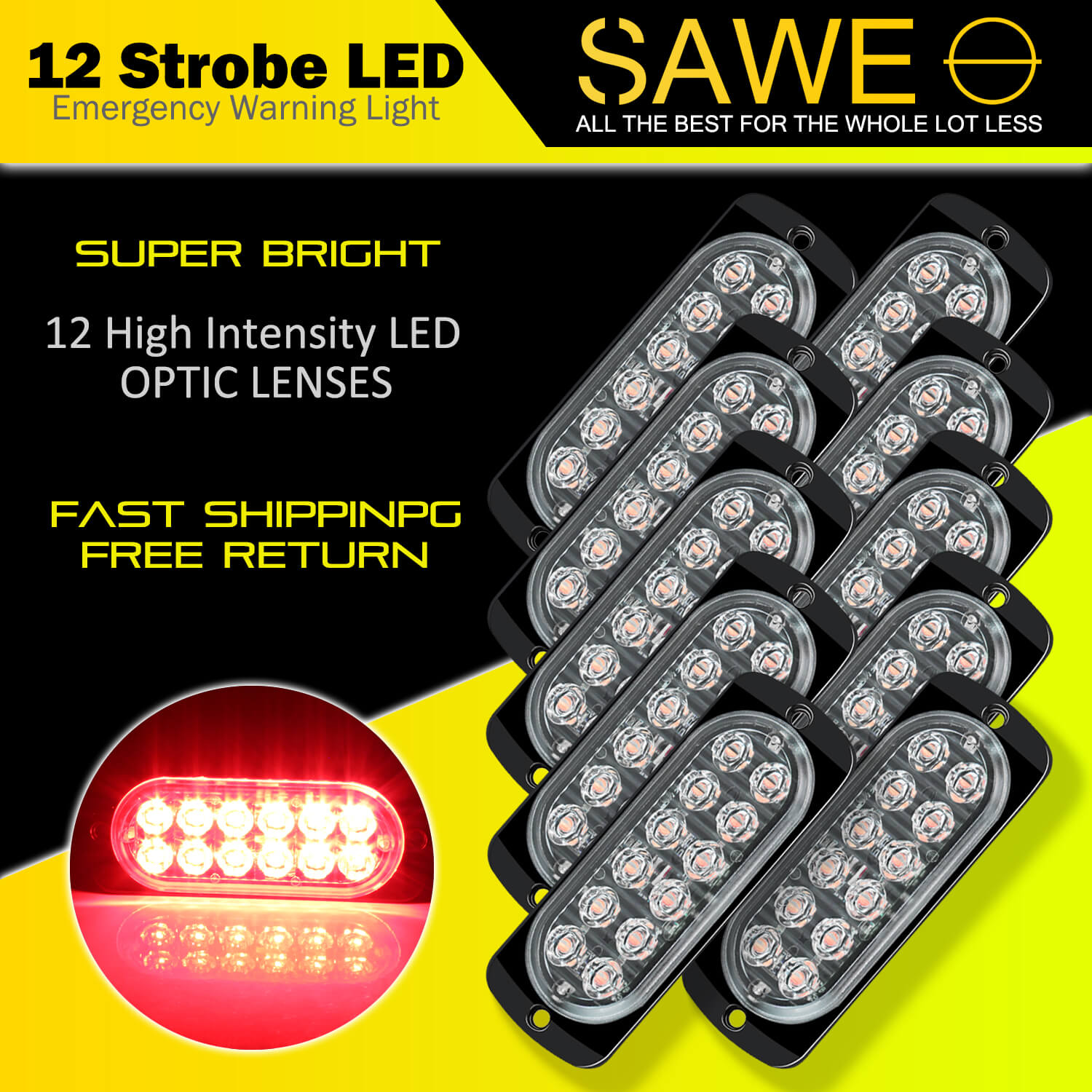 Emergency LED Strobe Lights Bar for Offroad Car Truck Warning Hazard Flash Grille and Surface Mount Light - Red 12-LED SAWE Lighting