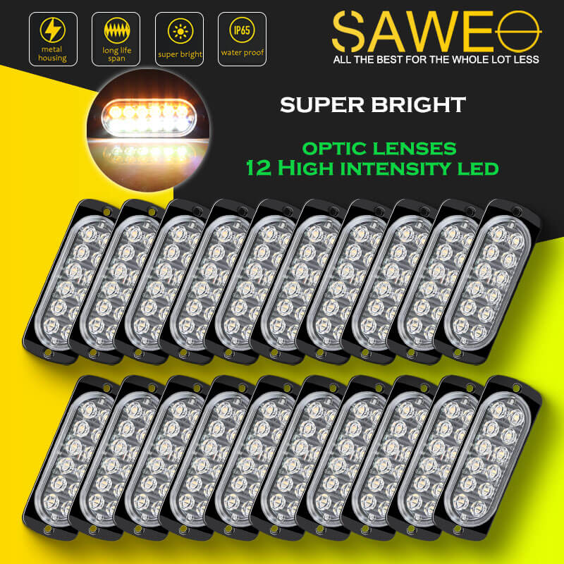 Emergency LED Strobe Lights Bar for Offroad Car Truck Warning Hazard Flash Grille and Surface Mount Light - Amber / White 12-LED SAWE Lighting