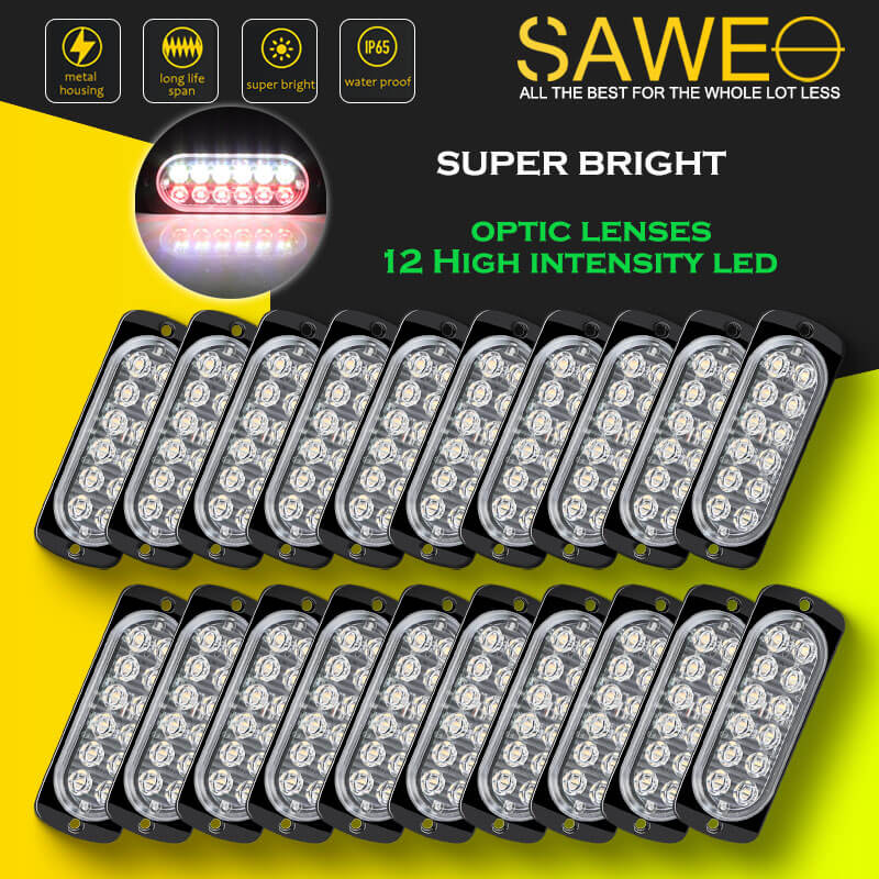 Emergency LED Strobe Lights Bar for Offroad Car Truck Warning Hazard Flash Grille and Surface Mount Light - Red / White 12-LED SAWE Lighting
