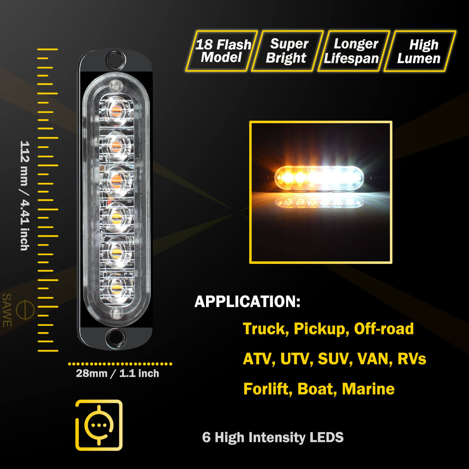 Emergency LED Strobe Lights Bar for Offroad Car Truck Warning Hazard Flash Grille and Surface Mount Light - Amber / White 6-LED SAWE Lighting