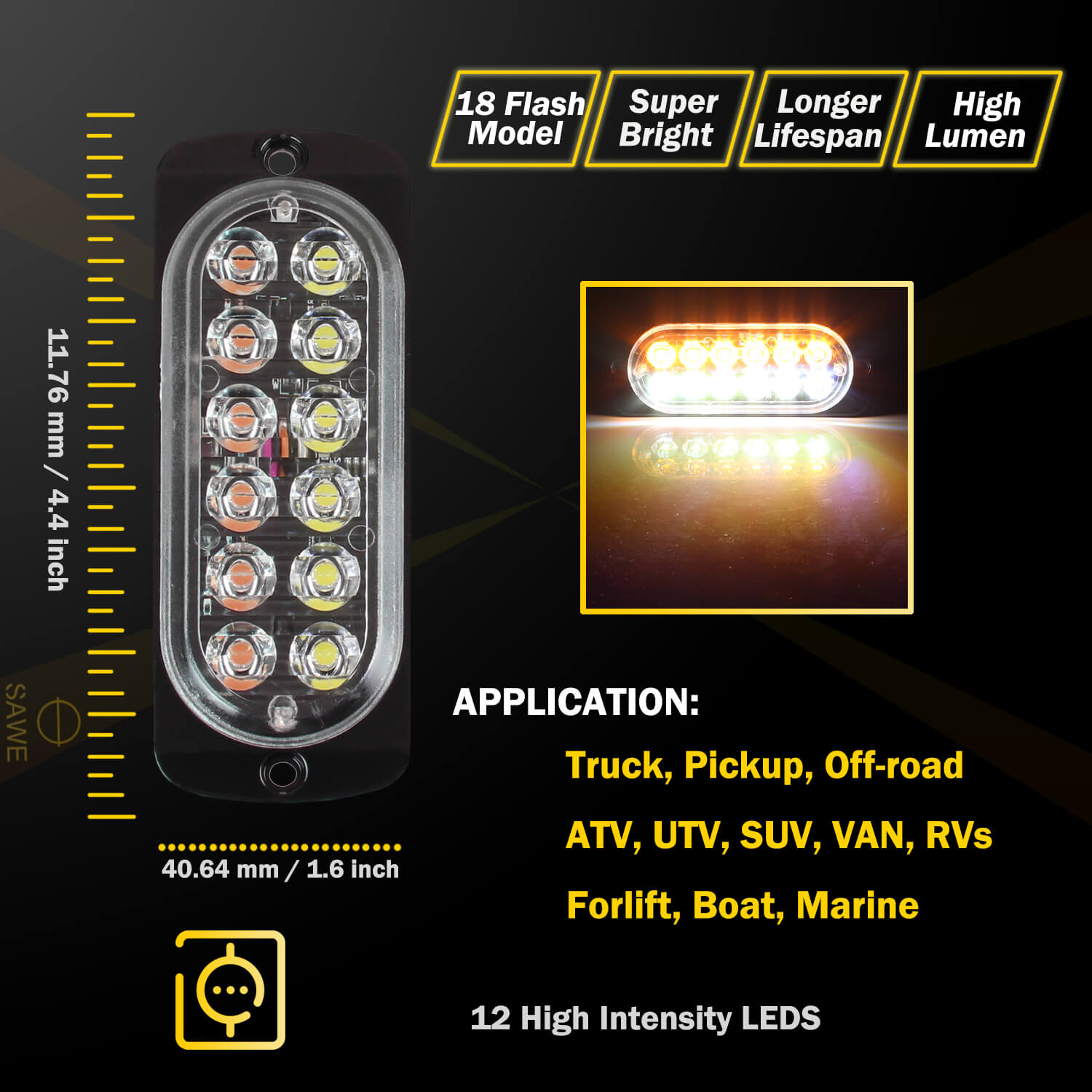 Emergency LED Strobe Lights Bar for Offroad Car Truck Warning Hazard Flash Grille and Surface Mount Light - Amber / White 12-LED SAWE Lighting