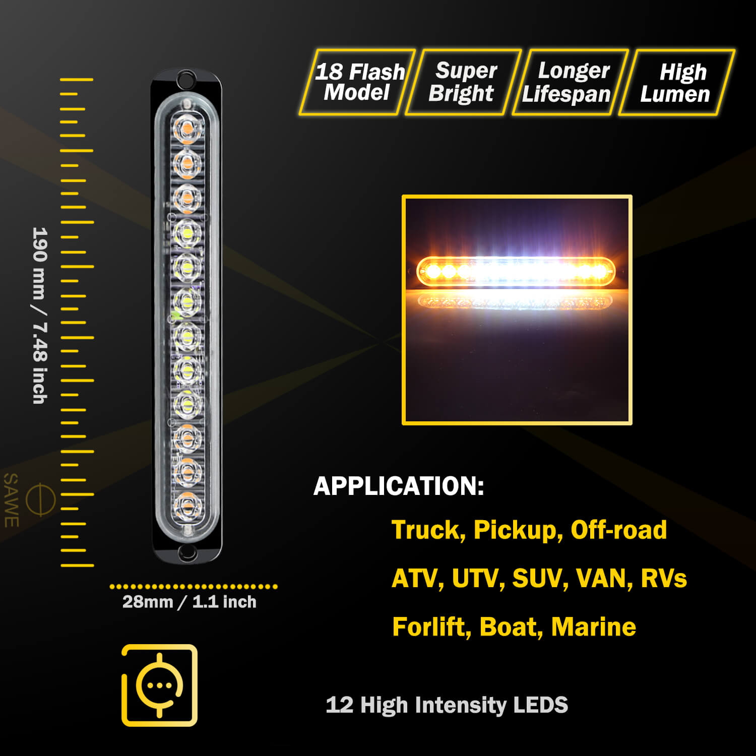 Emergency LED Strobe Lights Bar for Offroad Car Truck Warning Hazard Flash Grille and Surface Mount Light - Amber / White 12-LED SAWE Lighting
