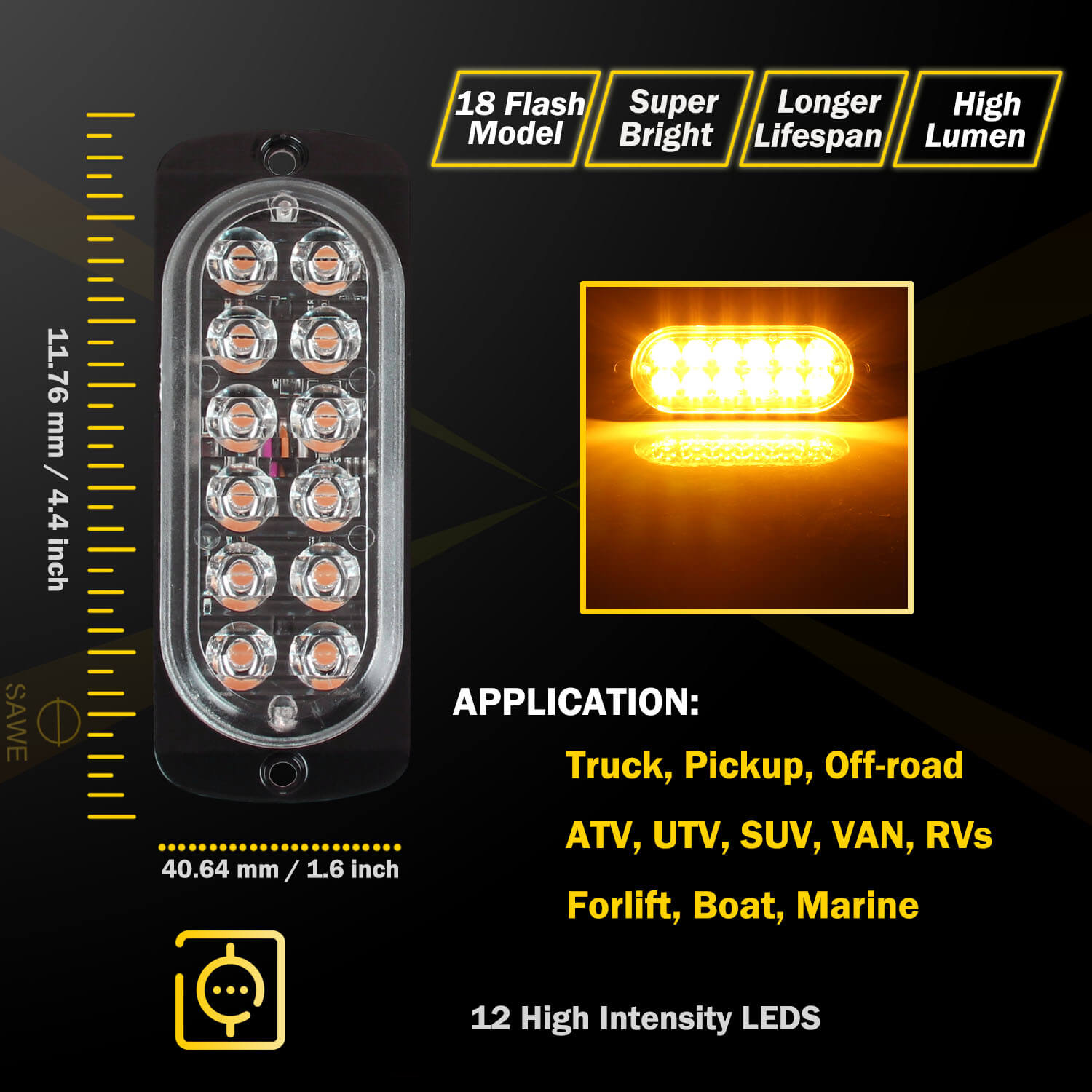 Emergency LED Strobe Lights Bar for Offroad Car Truck Warning Hazard Flash Grille and Surface Mount Light - Amber 12-LED SAWE Lighting
