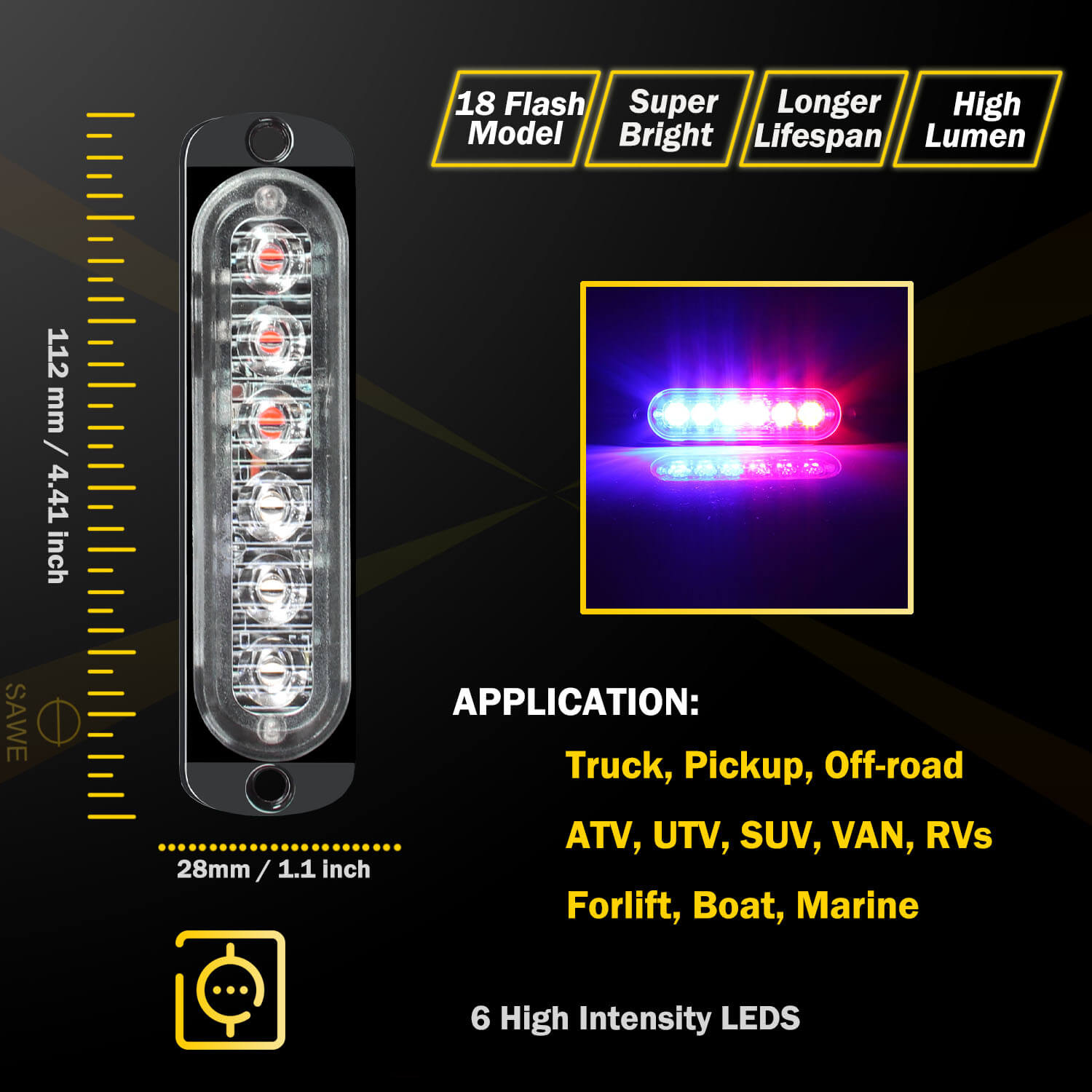 Emergency LED Strobe Lights Bar for Offroad Car Truck Warning Hazard Flash Grille and Surface Mount Light - Blue / Red 6-LED SAWE Lighting