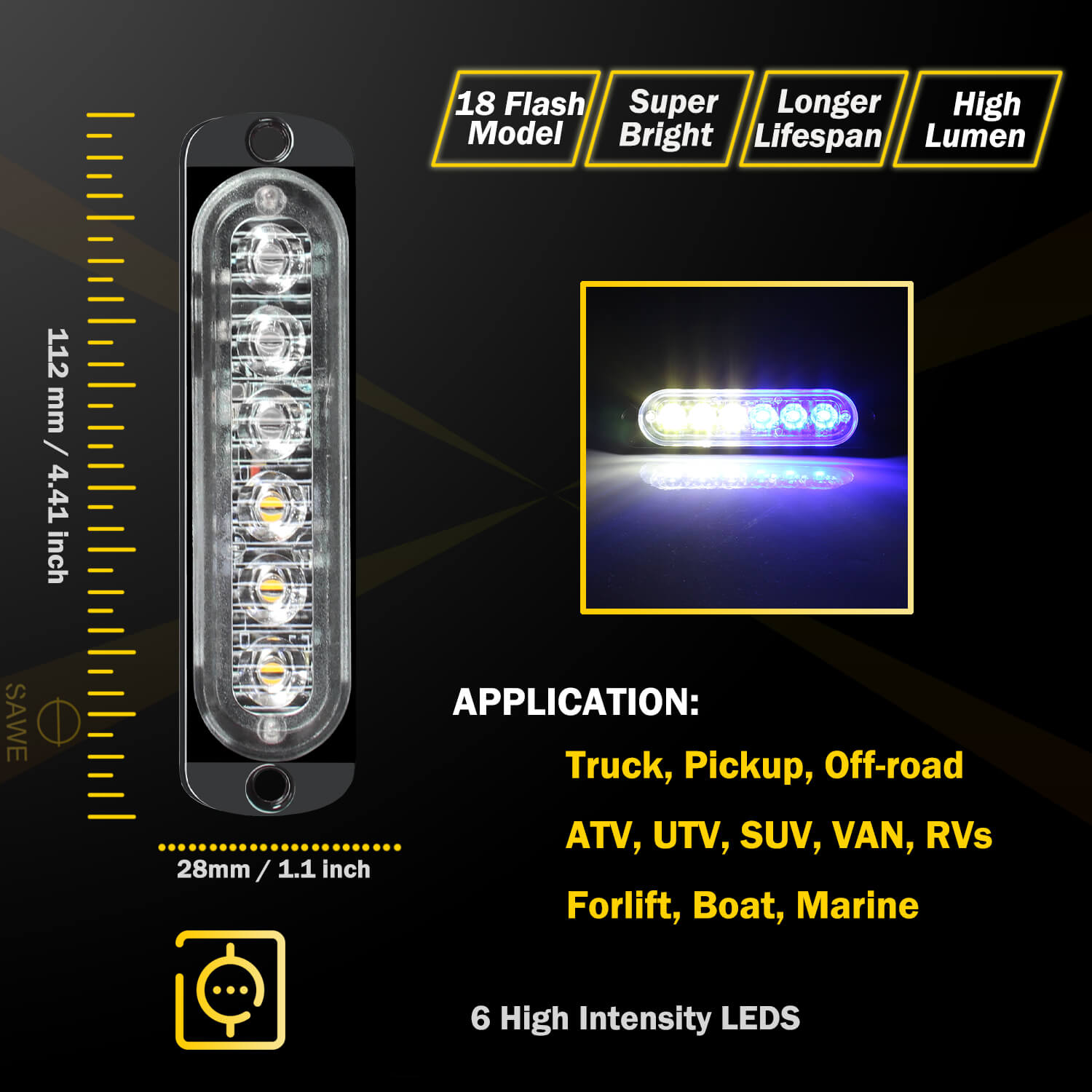 Emergency LED Strobe Lights Bar for Offroad Car Truck Warning Hazard Flash Grille and Surface Mount Light - Blue / White 6-LED SAWE Lighting