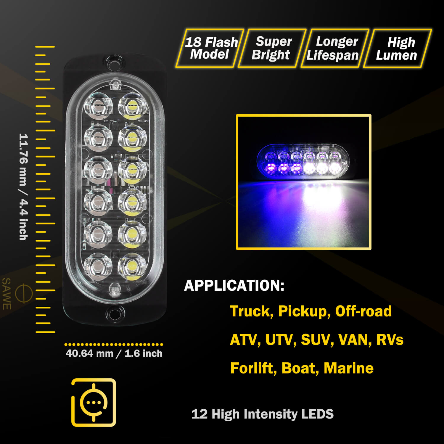 Emergency LED Strobe Lights Bar for Offroad Car Truck Warning Hazard Flash Grille and Surface Mount Light - Blue / White 12-LED SAWE Lighting