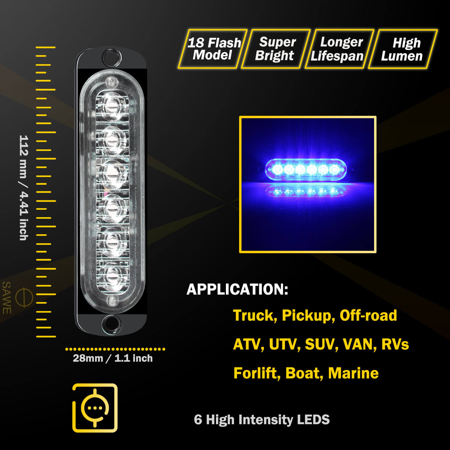 Emergency LED Strobe Lights Bar for Offroad Car Truck Warning Hazard Flash Grille and Surface Mount Light - Blue 6-LED SAWE Lighting