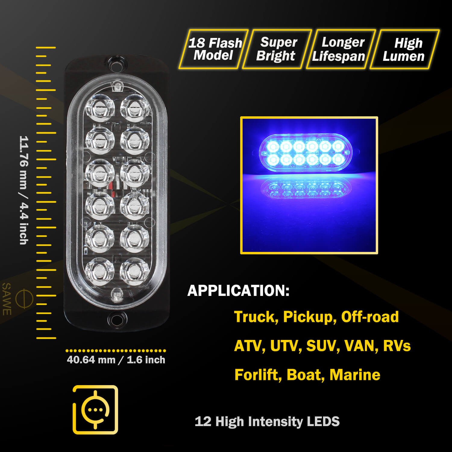 Emergency LED Strobe Lights Bar for Offroad Car Truck Warning Hazard Flash Grille and Surface Mount Light - Blue 12-LED SAWE Lighting