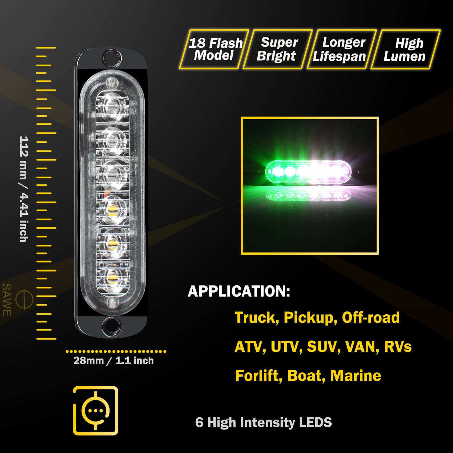 Emergency LED Strobe Lights Bar for Offroad Car Truck Warning Hazard Flash Grille and Surface Mount Light - Green / White 6-LED SAWE Lighting