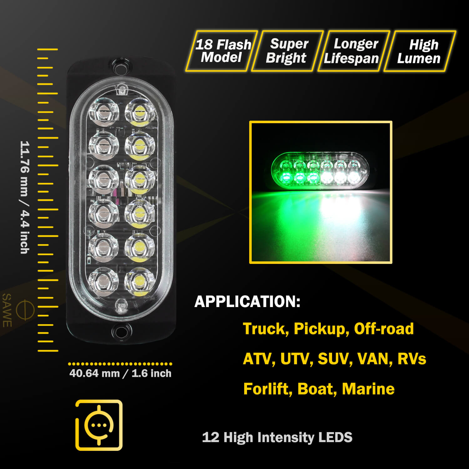 Emergency LED Strobe Lights Bar for Offroad Car Truck Warning Hazard Flash Grille and Surface Mount Light - Green / White 12-LED SAWE Lighting