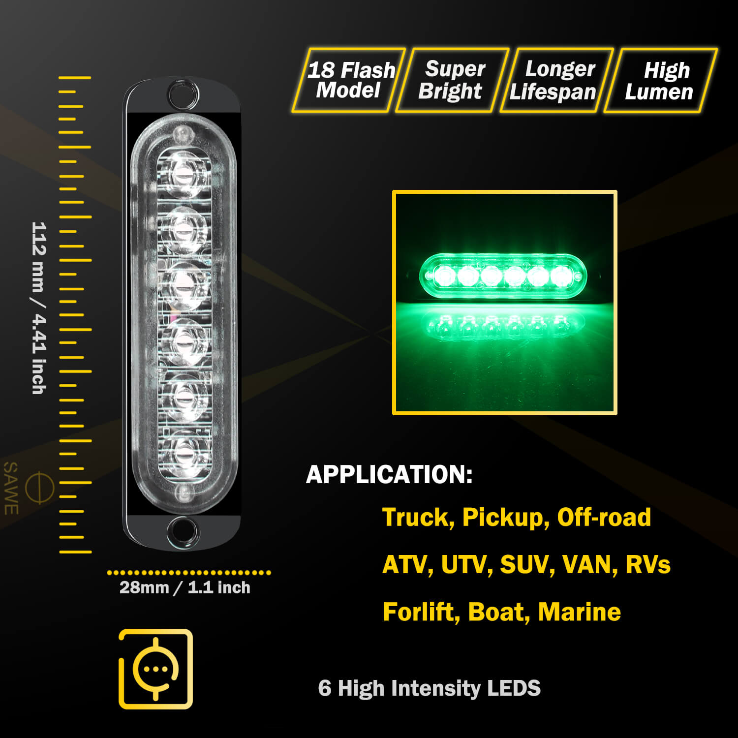 Emergency LED Strobe Lights Bar for Offroad Car Truck Warning Hazard Flash Grille and Surface Mount Light - Green 6-LED SAWE Lighting