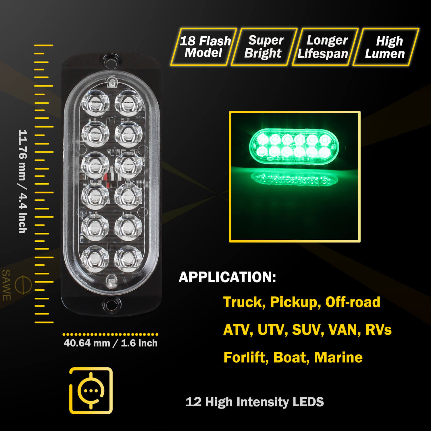 Emergency LED Strobe Lights Bar for Offroad Car Truck Warning Hazard Flash Grille and Surface Mount Light - Green 12-LED SAWE Lighting