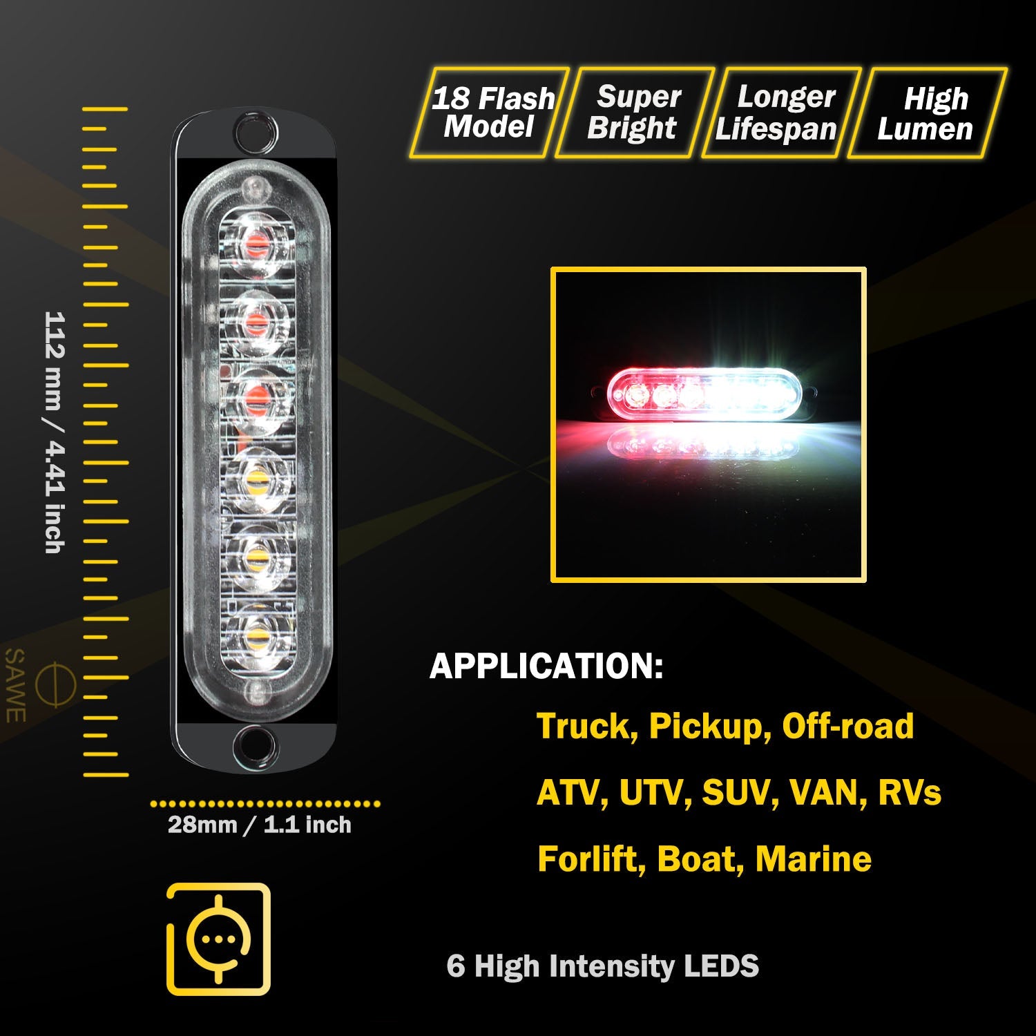 Emergency LED Strobe Lights Bar for Offroad Car Truck Warning Hazard Flash Grille and Surface Mount Light - Red / White 6-LED SAWE Lighting