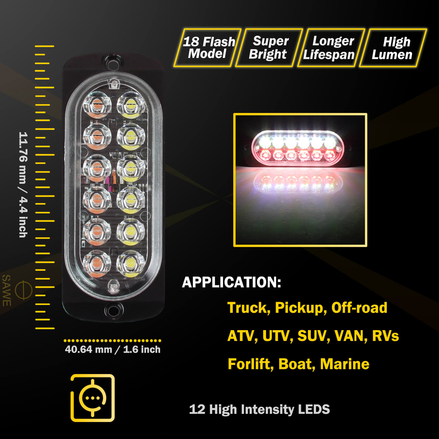 Emergency LED Strobe Lights Bar for Offroad Car Truck Warning Hazard Flash Grille and Surface Mount Light - Red / White 12-LED SAWE Lighting