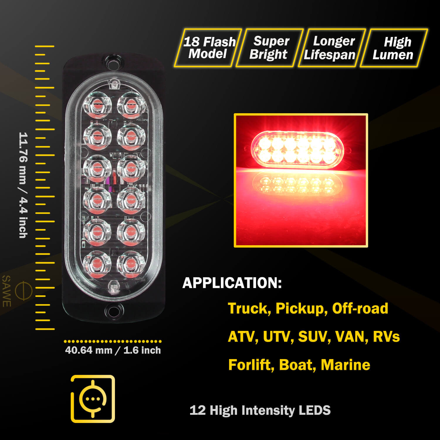 Emergency LED Strobe Lights Bar for Offroad Car Truck Warning Hazard Flash Grille and Surface Mount Light - Red 12-LED SAWE Lighting