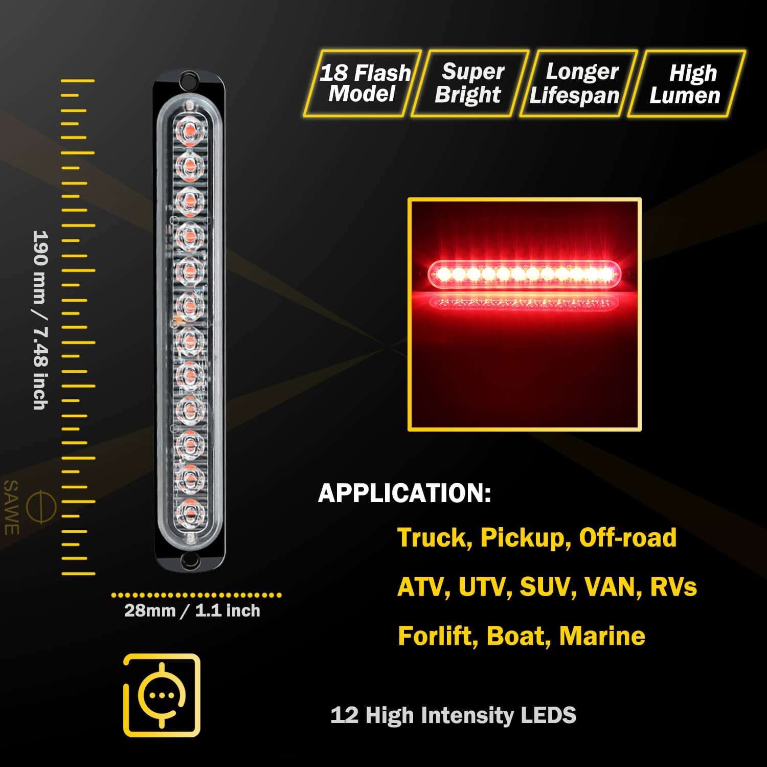 Emergency LED Strobe Lights Bar for Offroad Car Truck Warning Hazard Flash Grille and Surface Mount Light - Red 12-LED SAWE Lighting