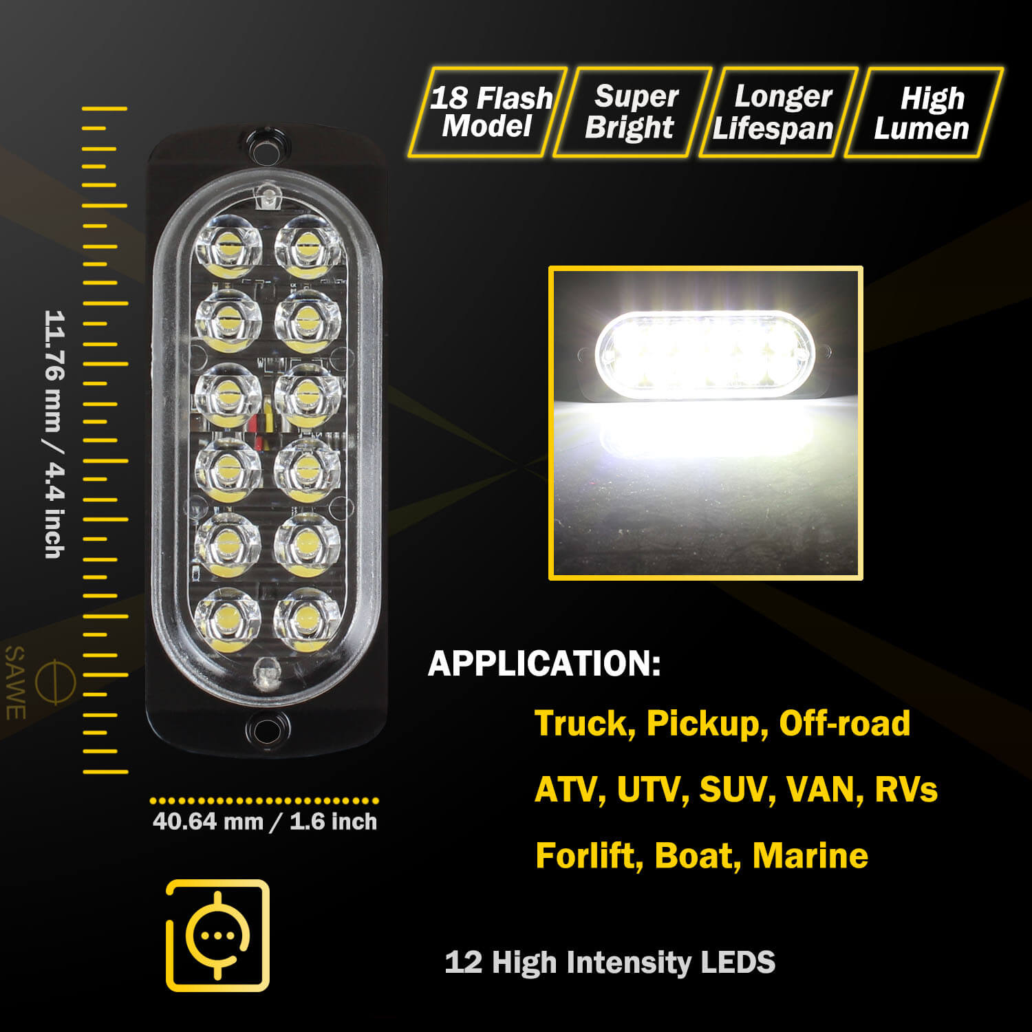 Emergency LED Strobe Lights Bar for Offroad Car Truck Warning Hazard Flash Grille and Surface Mount Light - White 12-LED SAWE Lighting