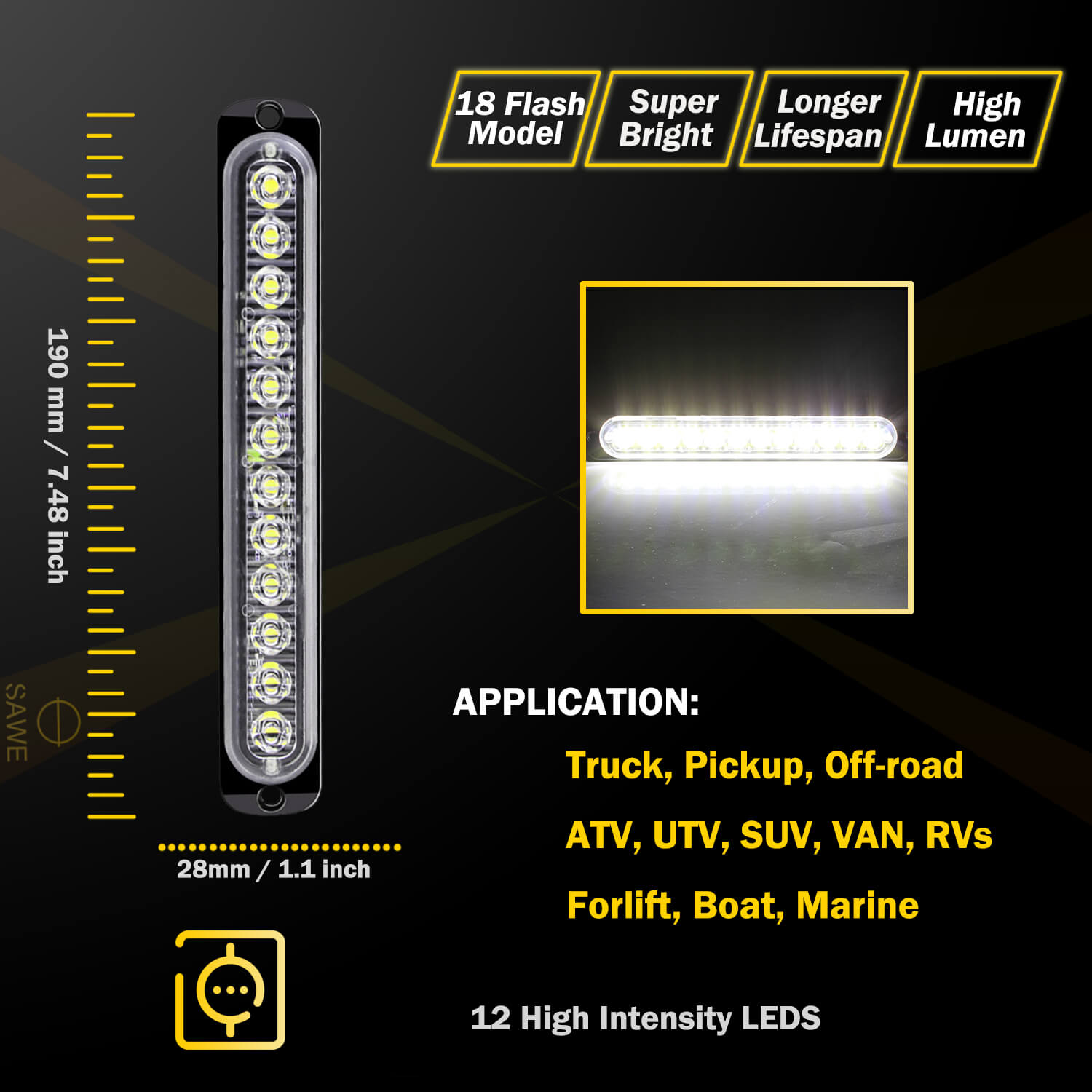 Emergency LED Strobe Lights Bar for Offroad Car Truck Warning Hazard Flash Grille and Surface Mount Light - White 12-LED SAWE Lighting