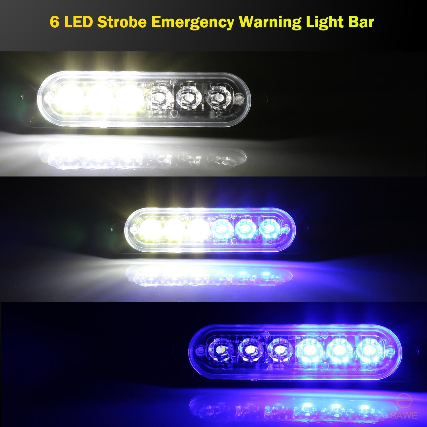 Emergency LED Strobe Lights Bar for Offroad Car Truck Warning Hazard Flash Grille and Surface Mount Light - Blue / White 6-LED SAWE Lighting