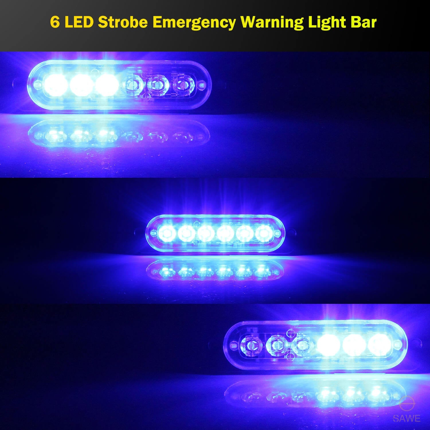 Emergency LED Strobe Lights Bar for Offroad Car Truck Warning Hazard Flash Grille and Surface Mount Light - Blue 6-LED SAWE Lighting