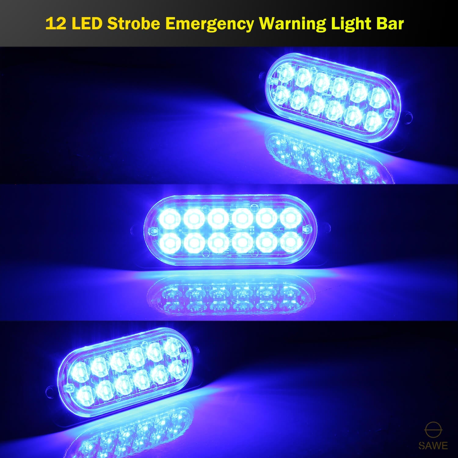 Emergency LED Strobe Lights Bar for Offroad Car Truck Warning Hazard Flash Grille and Surface Mount Light - Blue 12-LED SAWE Lighting