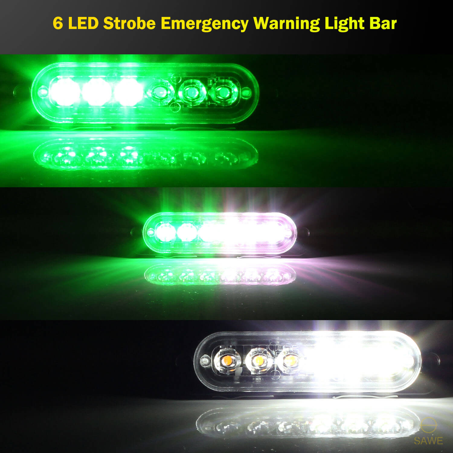 Emergency LED Strobe Lights Bar for Offroad Car Truck Warning Hazard Flash Grille and Surface Mount Light - Green / White 6-LED SAWE Lighting