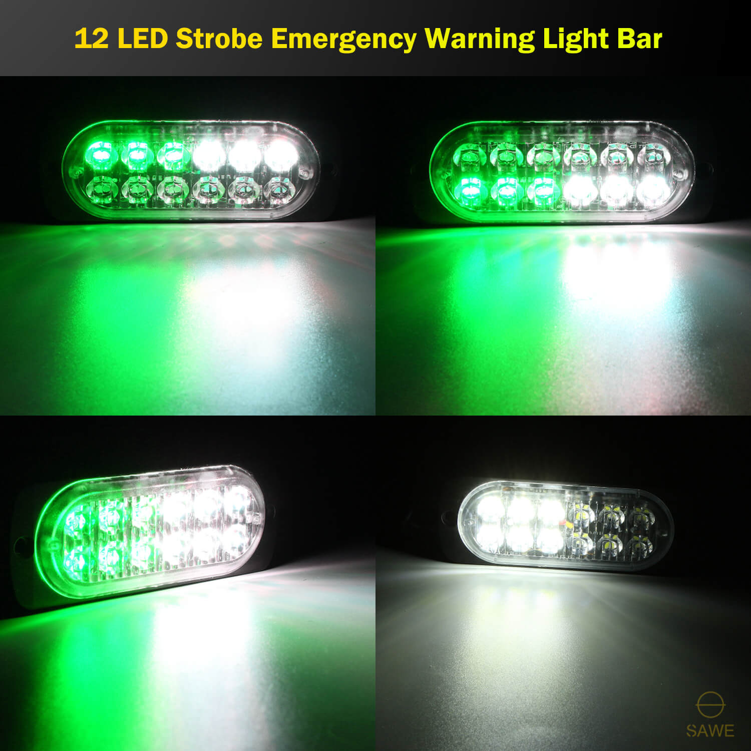 Emergency LED Strobe Lights Bar for Offroad Car Truck Warning Hazard Flash Grille and Surface Mount Light - Green / White 12-LED SAWE Lighting