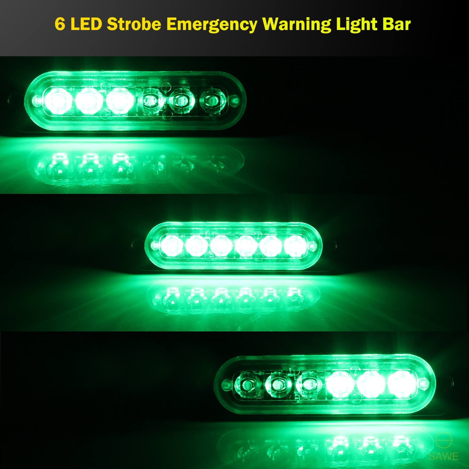 Emergency LED Strobe Lights Bar for Offroad Car Truck Warning Hazard Flash Grille and Surface Mount Light - Green 6-LED SAWE Lighting