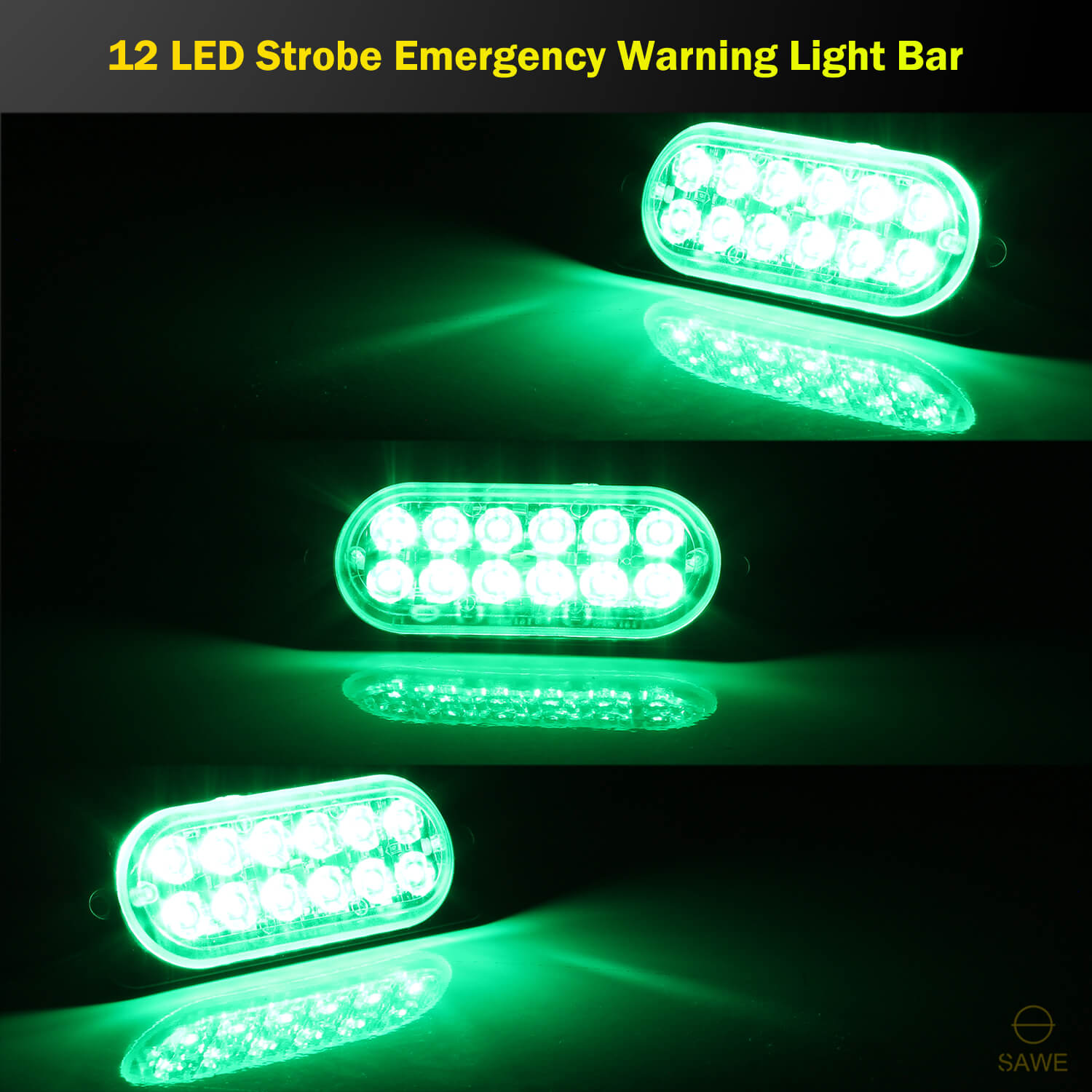 Emergency LED Strobe Lights Bar for Offroad Car Truck Warning Hazard Flash Grille and Surface Mount Light - Green 12-LED SAWE Lighting