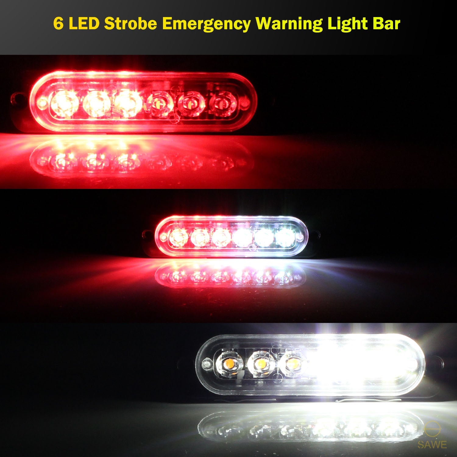 Emergency LED Strobe Lights Bar for Offroad Car Truck Warning Hazard Flash Grille and Surface Mount Light - Red / White 6-LED SAWE Lighting