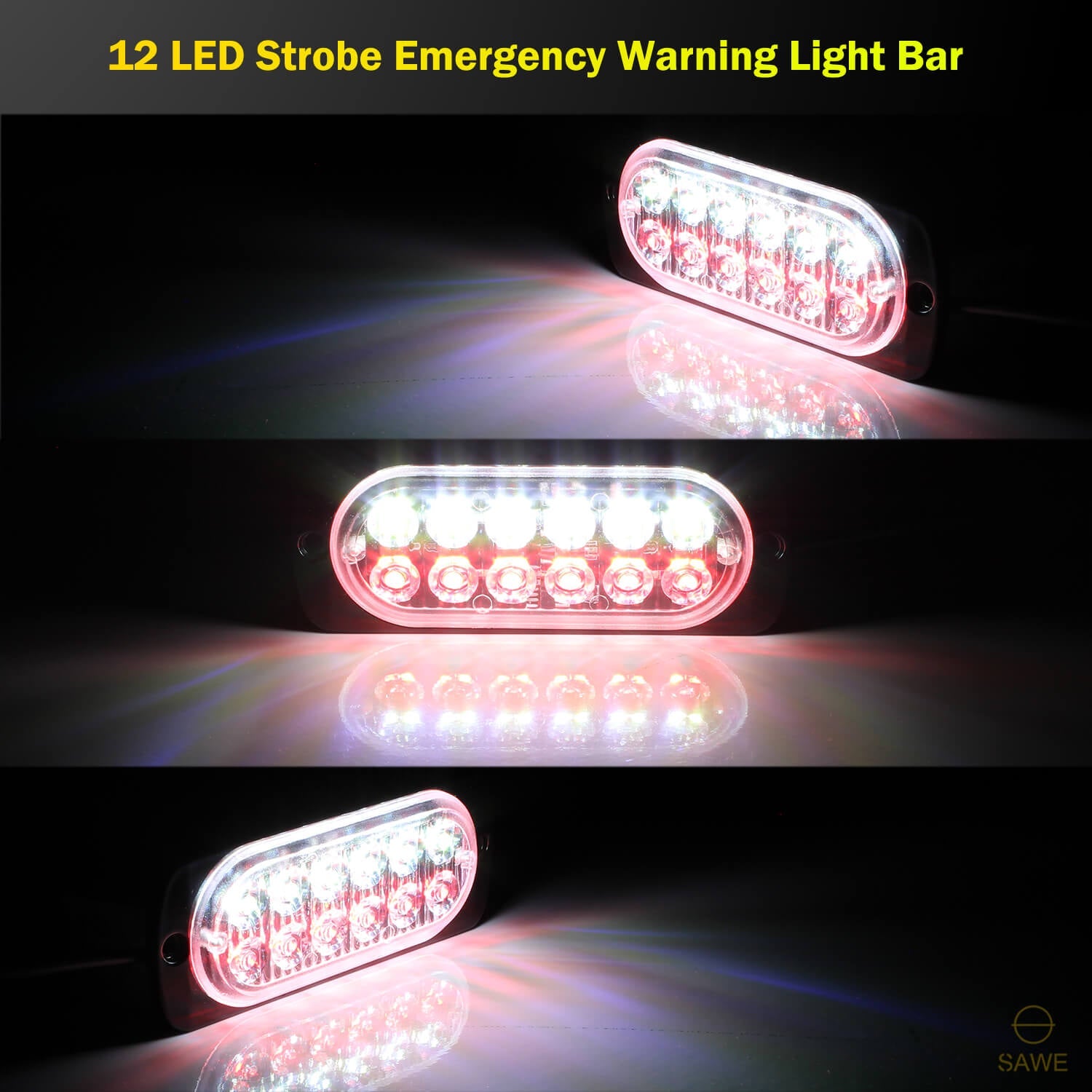 Emergency LED Strobe Lights Bar for Offroad Car Truck Warning Hazard Flash Grille and Surface Mount Light - Red / White 12-LED SAWE Lighting