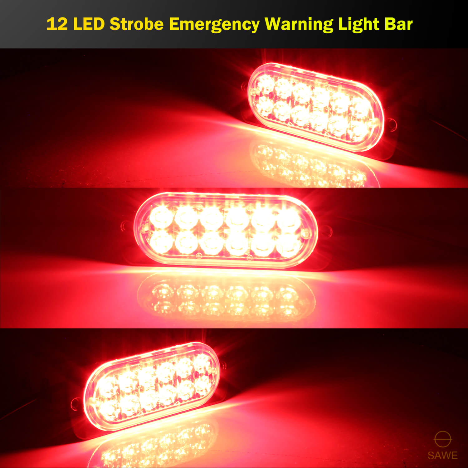 Emergency LED Strobe Lights Bar for Offroad Car Truck Warning Hazard Flash Grille and Surface Mount Light - Red 12-LED SAWE Lighting