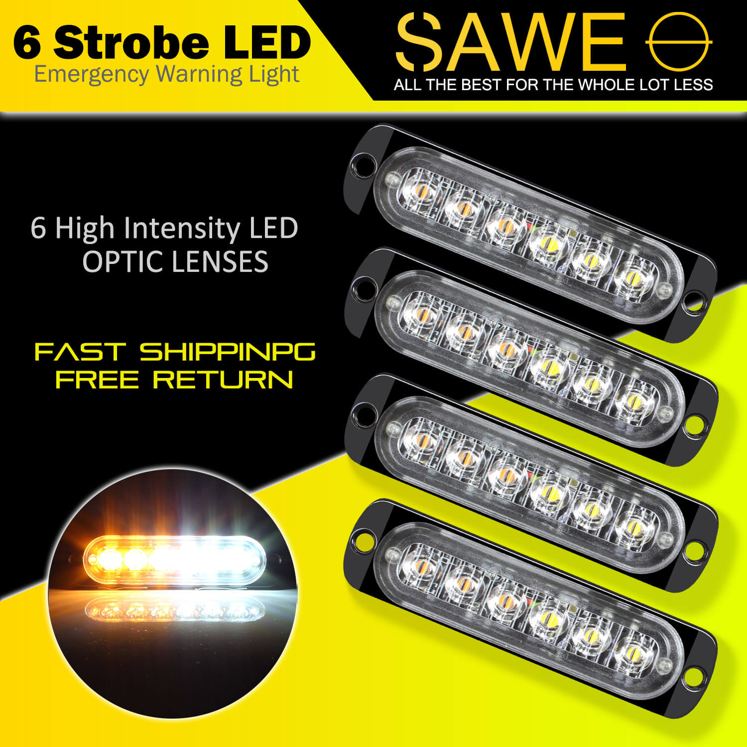 Emergency LED Strobe Lights Bar for Offroad Car Truck Warning Hazard Flash Grille and Surface Mount Light - Amber / White 6-LED SAWE Lighting